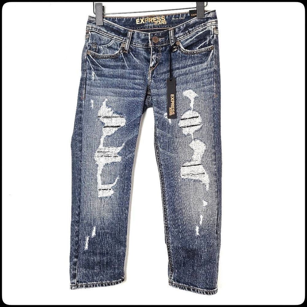 NWT EXPRESS Zelda Low Rise Distressed Stitched Med Wash Whiskered Crop Jeans 00